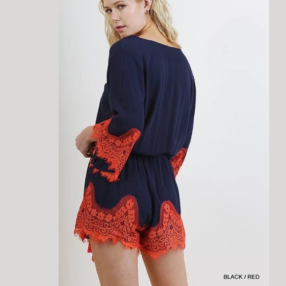 Umgee Orange & Blue Crochet Trim Shorts Romper NEW - Picture 3 of 4